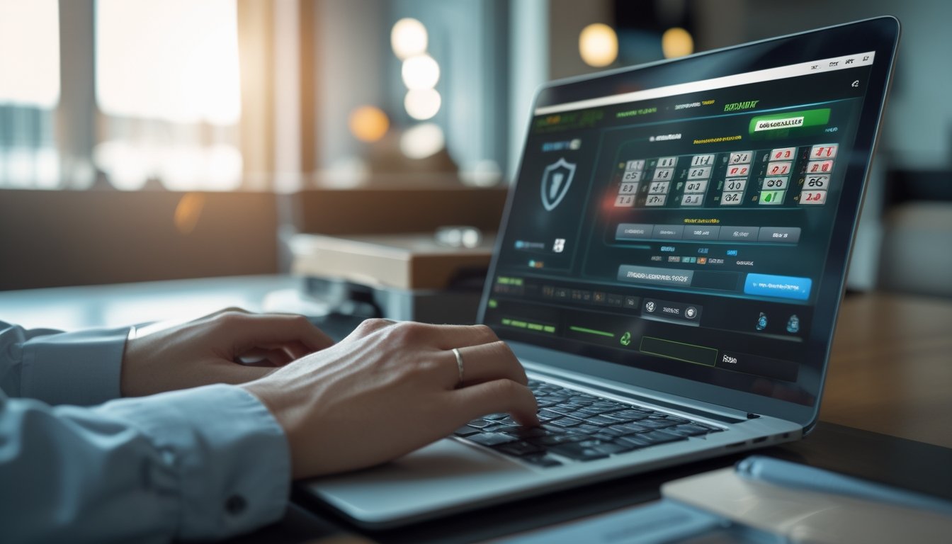 Seseorang bermain blackjack online di laptop dengan suasana kerja yang rapi dan pencahayaan alami.