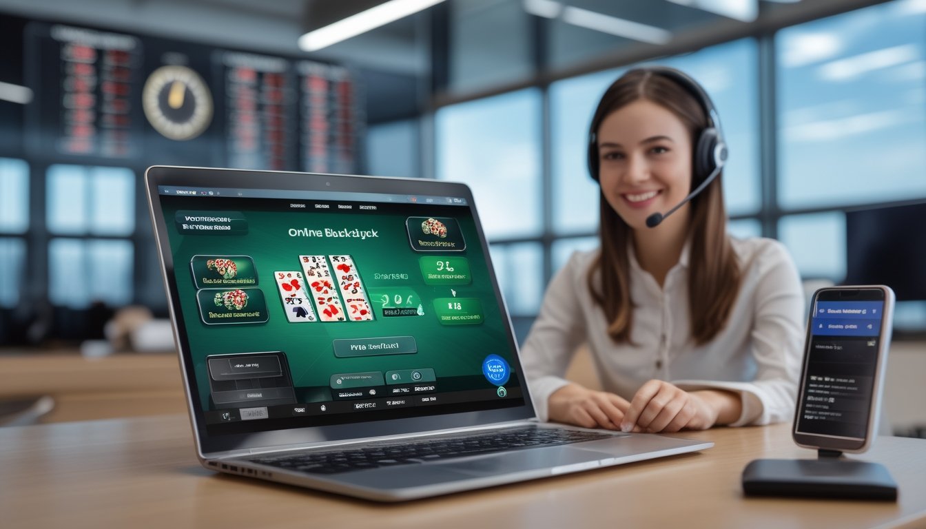 Seorang perwakilan layanan pelanggan dengan headset tersenyum di samping komputer yang menampilkan permainan blackjack online.