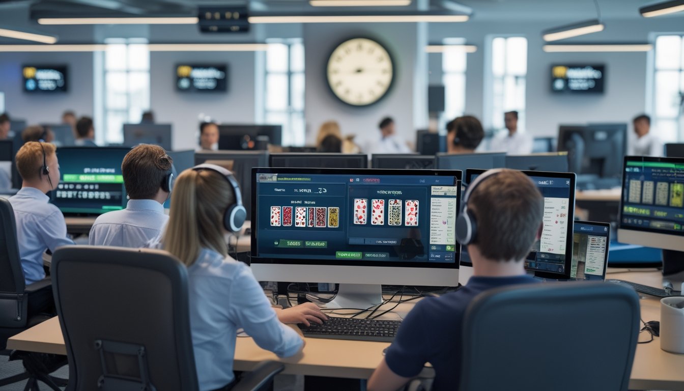 Tim layanan pelanggan yang ramah bekerja dengan headset di pusat panggilan modern, dengan layar komputer menampilkan permainan blackjack online.