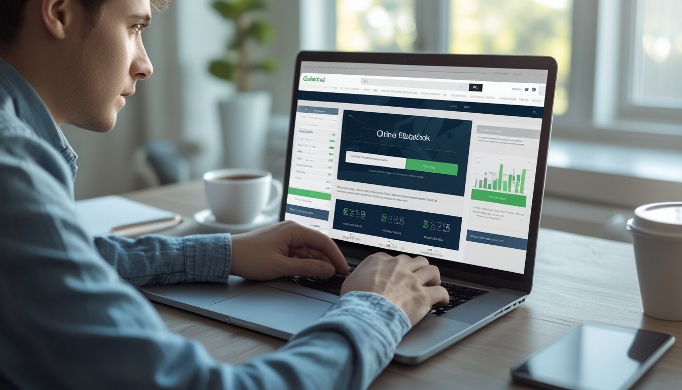 Seorang dewasa muda duduk di meja kerja memeriksa situs blackjack online di laptop dengan suasana kantor rumah yang terang dan rapi.