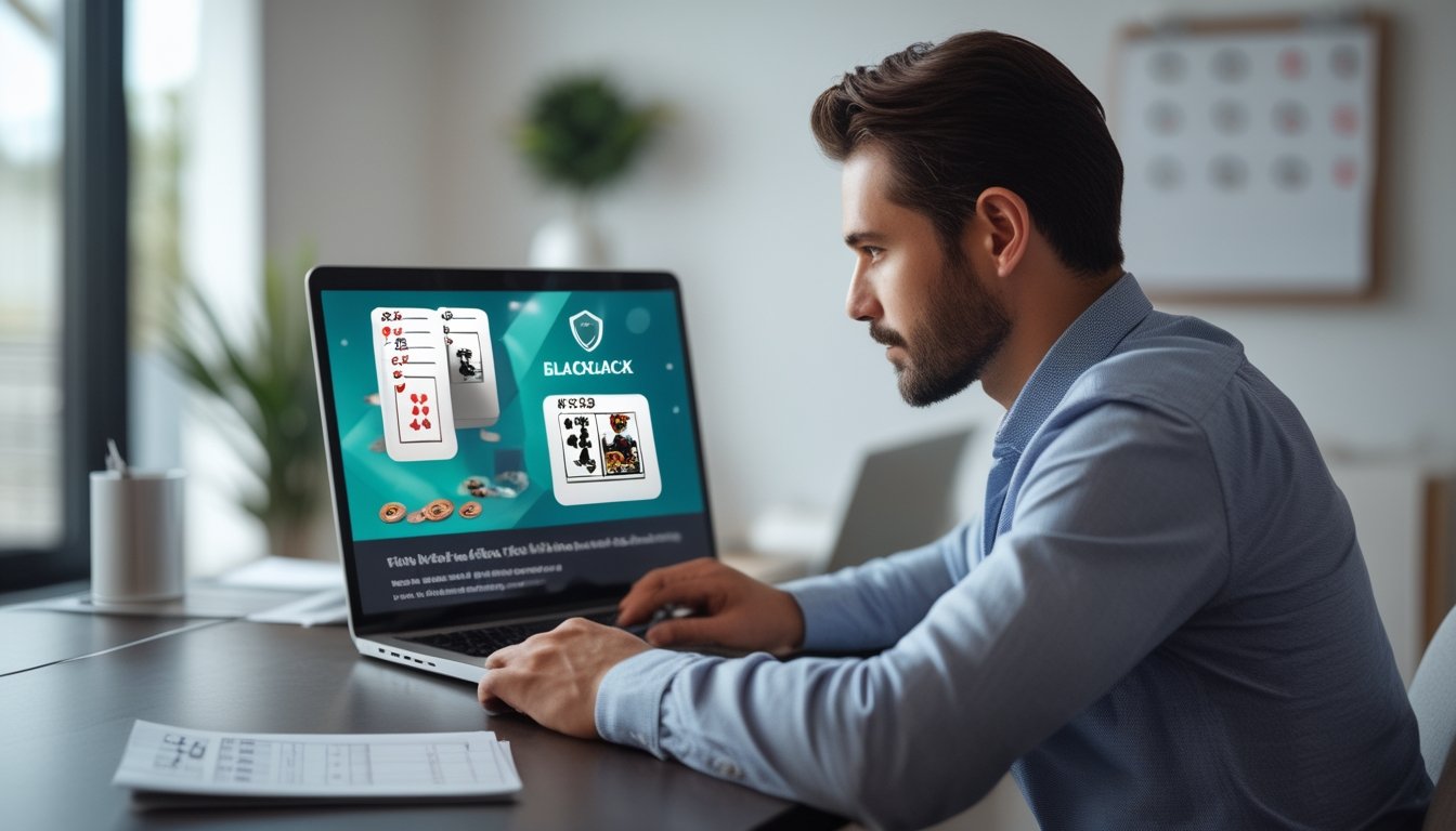 Seorang pria duduk di meja dengan laptop, memeriksa situs blackjack online di ruang kerja yang rapi dan terang.