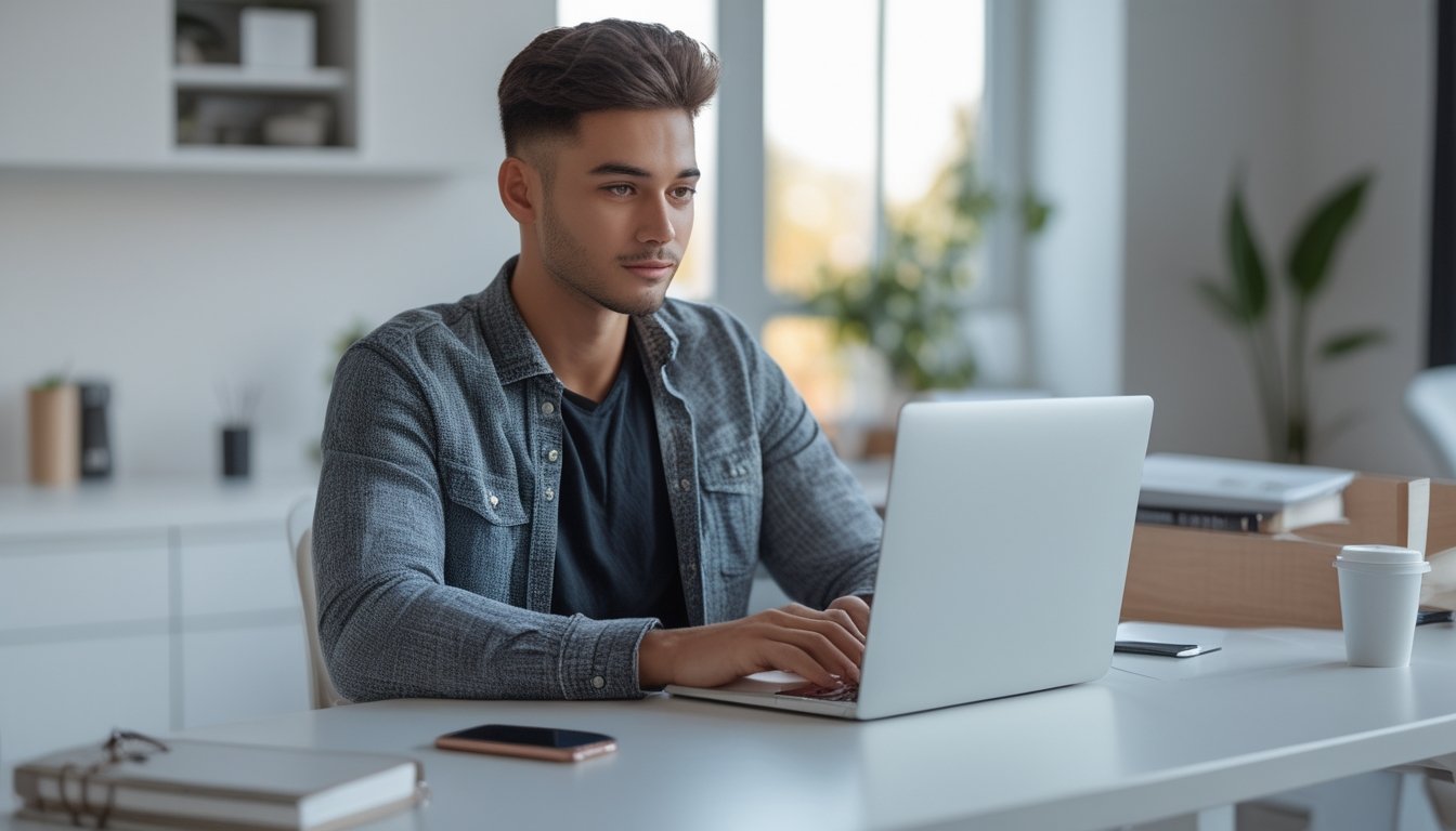 Seorang dewasa muda duduk di meja modern menggunakan laptop dengan ekspresi fokus di ruang kerja rumah yang terang dan rapi.