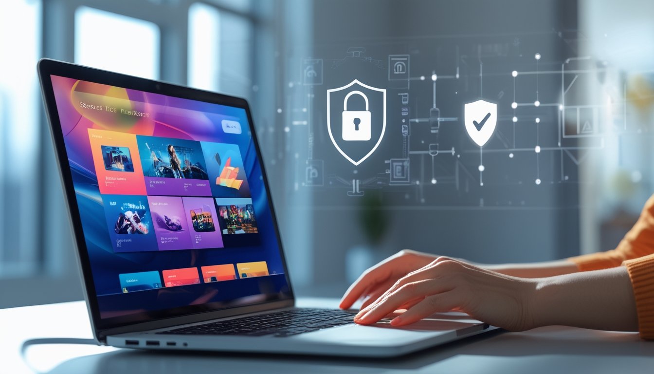 Orang menggunakan laptop di meja kerja dengan tampilan situs hiburan online yang aman dan terpercaya.