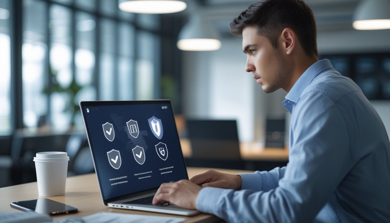 Seseorang sedang menggunakan laptop di kantor untuk memeriksa legalitas dan keamanan platform digital sebelum mendaftar.