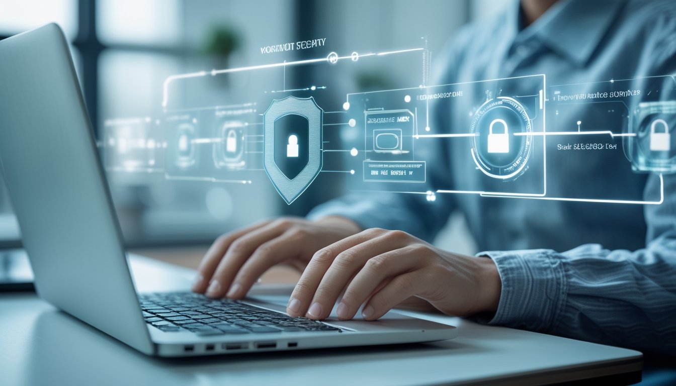 Seseorang sedang menggunakan laptop dan ponsel untuk mengamankan akun dan transaksi online di ruang kerja modern.