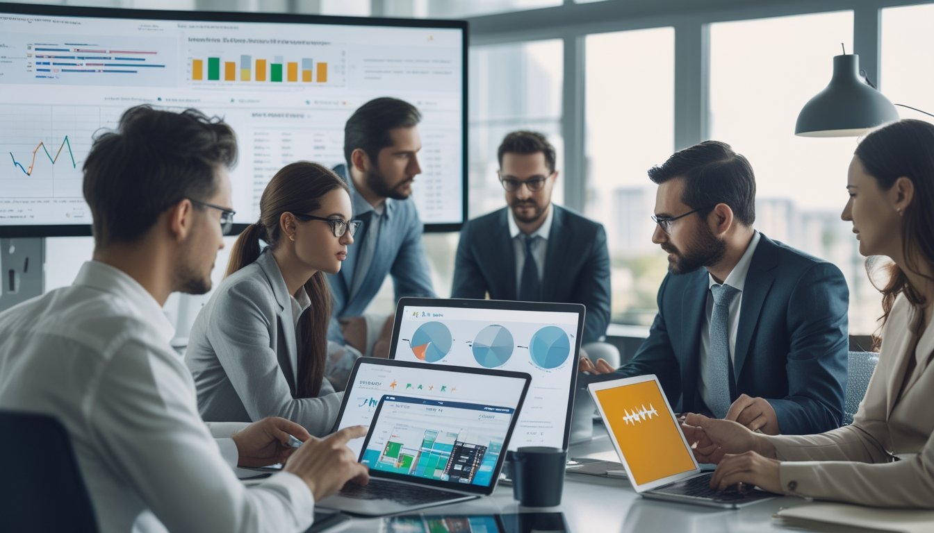 Sekelompok profesional sedang berdiskusi dan menganalisis ulasan pengguna di perangkat digital di sebuah kantor modern.