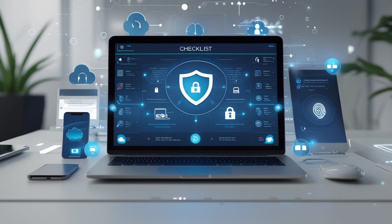 Meja kerja modern dengan laptop yang menampilkan daftar periksa digital dan perangkat teknologi seperti ponsel dan router nirkabel.