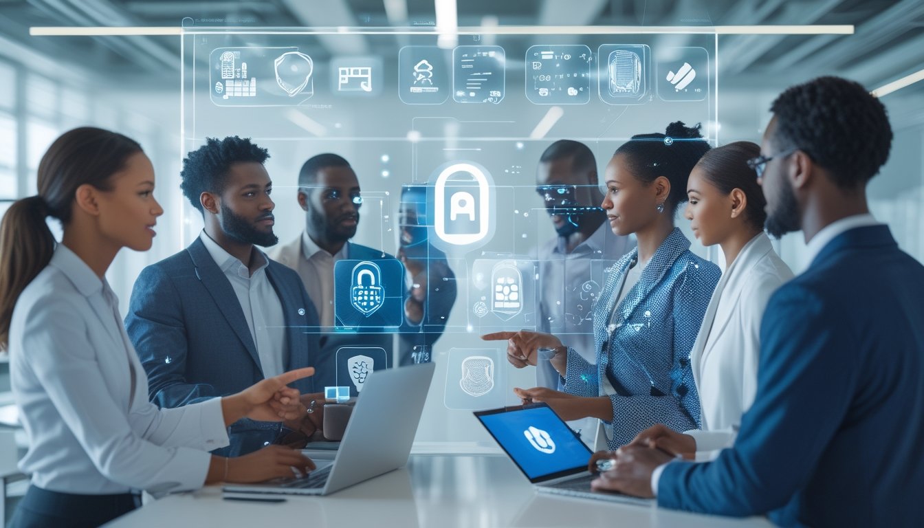Sekelompok profesional sedang berdiskusi di depan layar digital besar yang menampilkan ikon keamanan seperti gembok dan perisai di kantor modern.