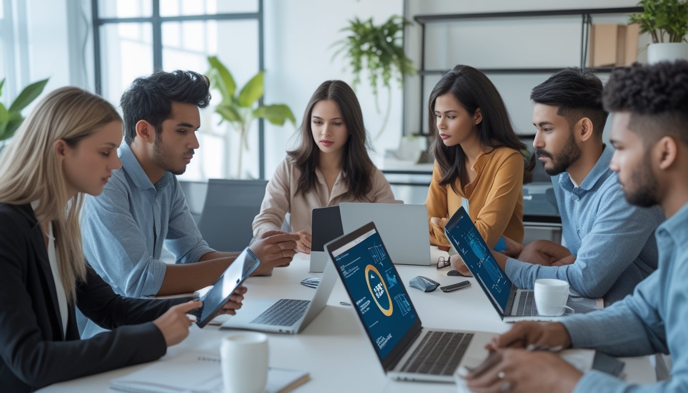 Sekelompok orang muda sedang berdiskusi di ruang kerja modern dengan laptop dan perangkat digital, fokus pada evaluasi situs online sebelum bergabung.