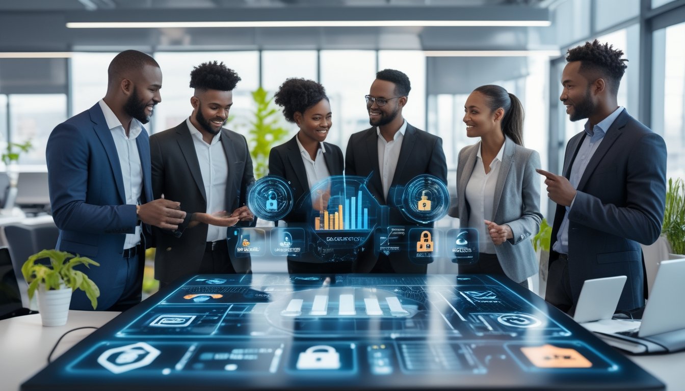 Sekelompok profesional berdiskusi di sekitar meja digital yang menampilkan antarmuka platform dan ikon keamanan di kantor modern.
