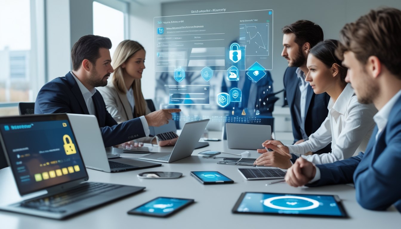 Sekelompok profesional bisnis sedang berdiskusi dan membandingkan fitur serta keamanan platform digital menggunakan perangkat elektronik di ruang kantor modern.