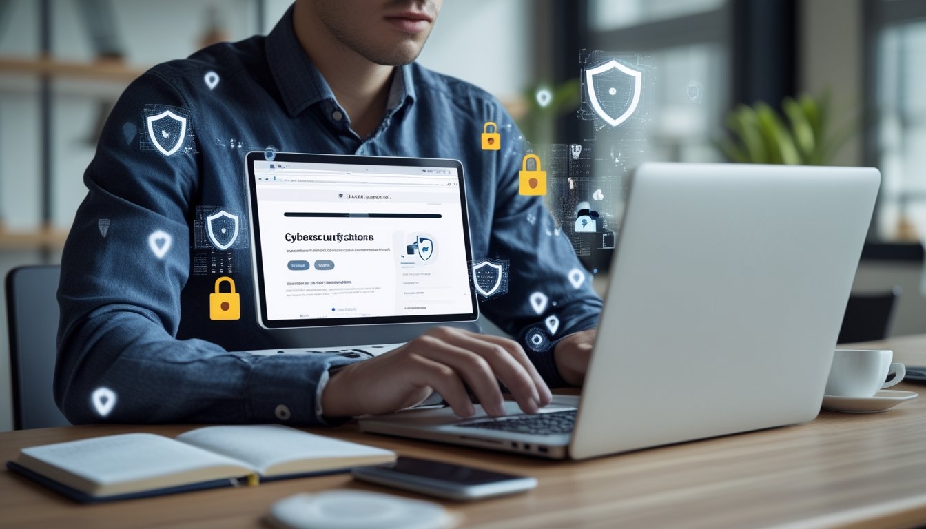 Seseorang sedang menggunakan laptop dengan ekspresi serius dan fokus di sebuah kantor modern, dikelilingi oleh simbol keamanan digital seperti gembok dan peringatan, menggambarkan kewaspadaan terhadap situs palsu dan penipuan internet.
