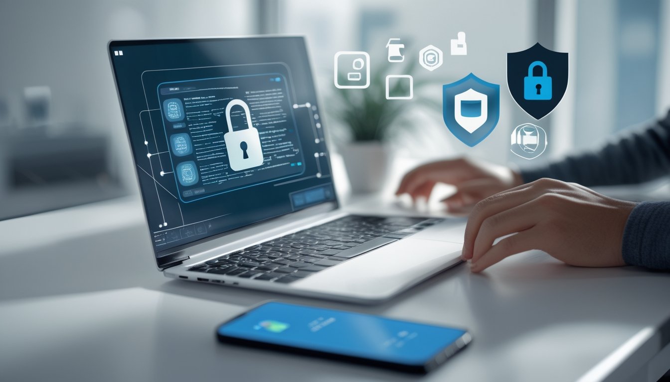 Meja kerja modern dengan laptop dan ponsel yang menampilkan simbol keamanan data, tangan seseorang sedang mengetik di keyboard.