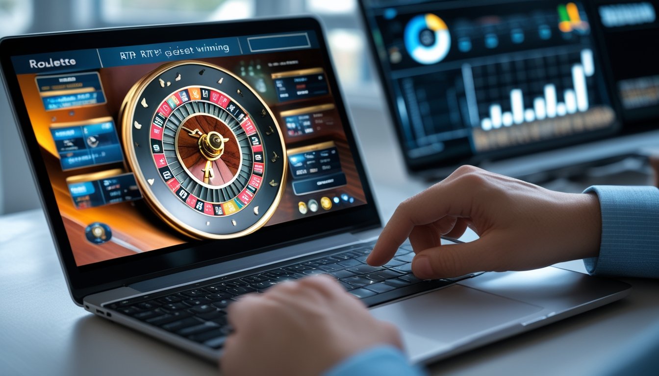 Seseorang menggunakan komputer dengan tampilan roda roulette online yang berputar, di lingkungan rumah atau kantor yang terang.