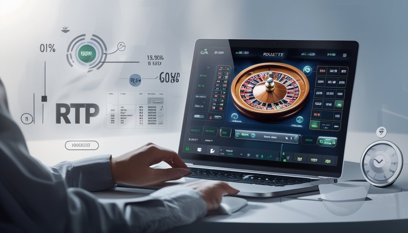 Seorang pemain menggunakan komputer dengan tampilan roda roulette digital dan grafik data di latar belakang.