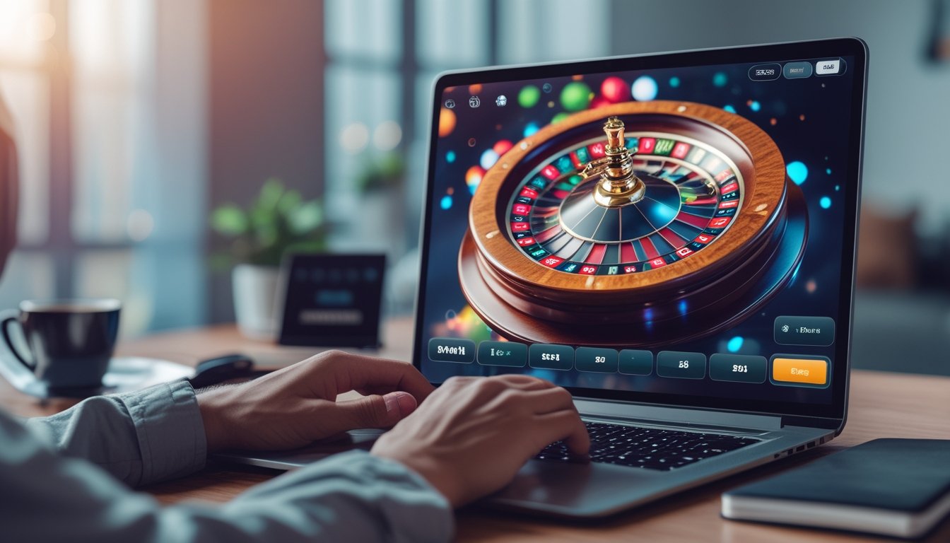 Layar komputer menampilkan roda roulette digital yang berwarna-warni di lingkungan bermain yang nyaman.