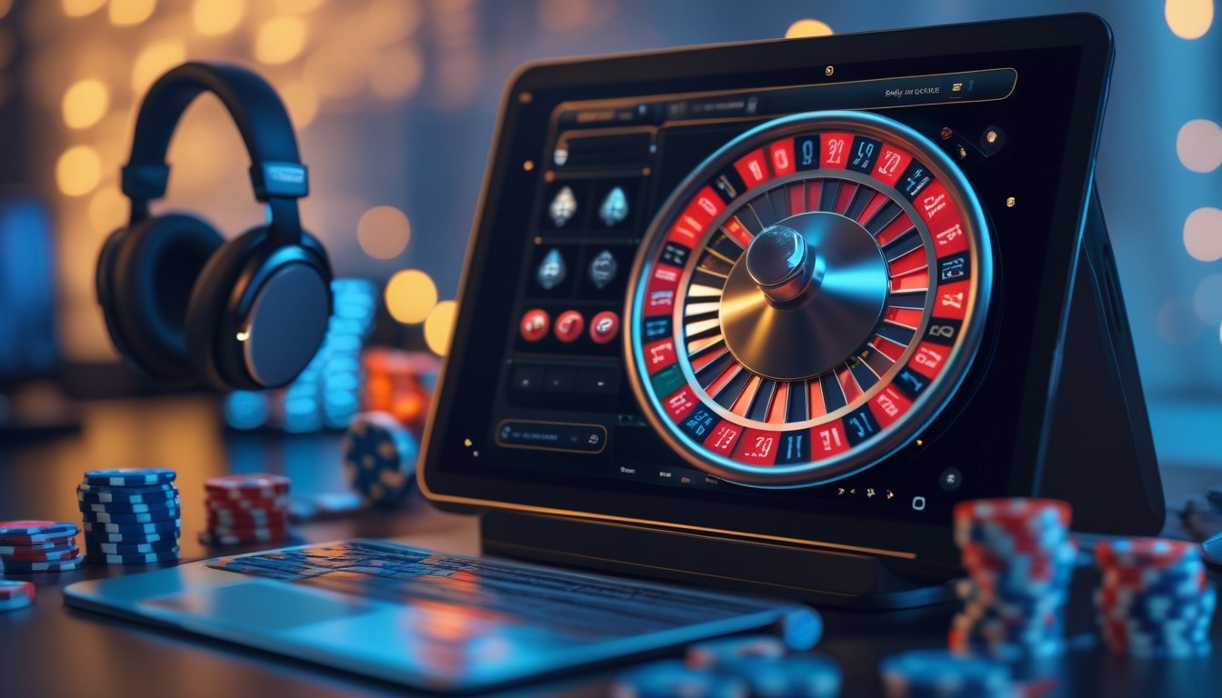 Sebuah setup roulette online dengan roda roulette digital di layar komputer dan chip poker di sekitarnya.