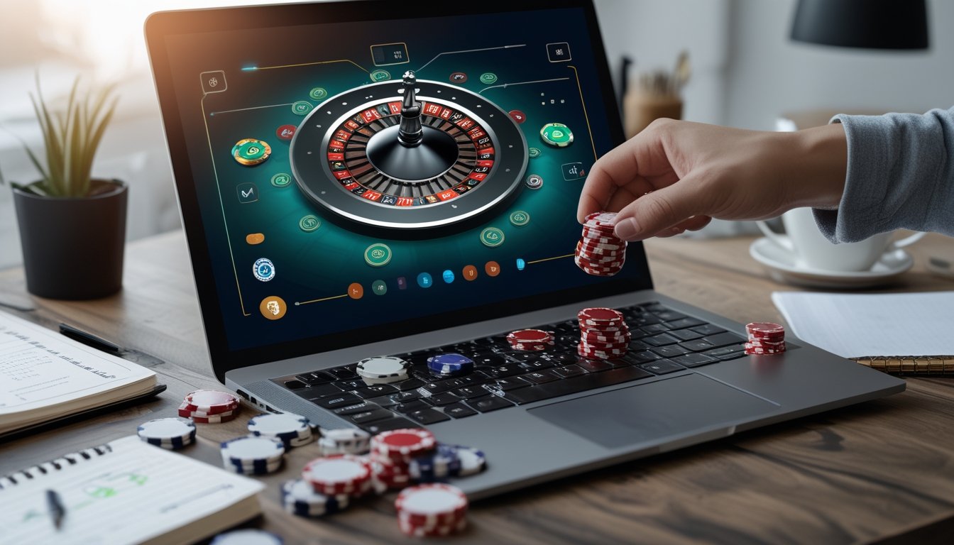 Seseorang bermain roulette online di laptop dengan chip poker kecil di meja, suasana tenang dan fokus di ruang kerja modern.