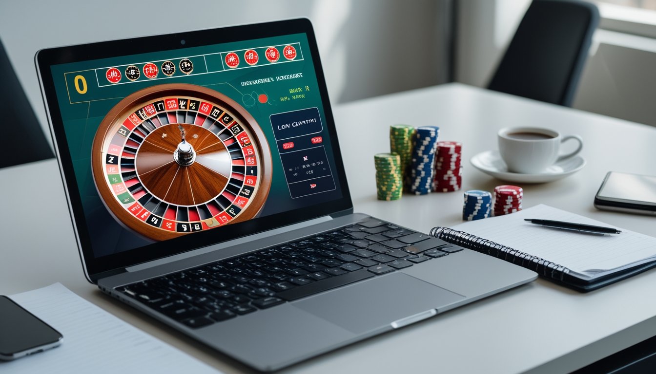 Seorang pemain sedang menggunakan laptop dengan tampilan roda roulette digital dan tumpukan chip poker kecil di meja, menunjukkan aktivitas bermain roulette online dengan strategi dan modal kecil.
