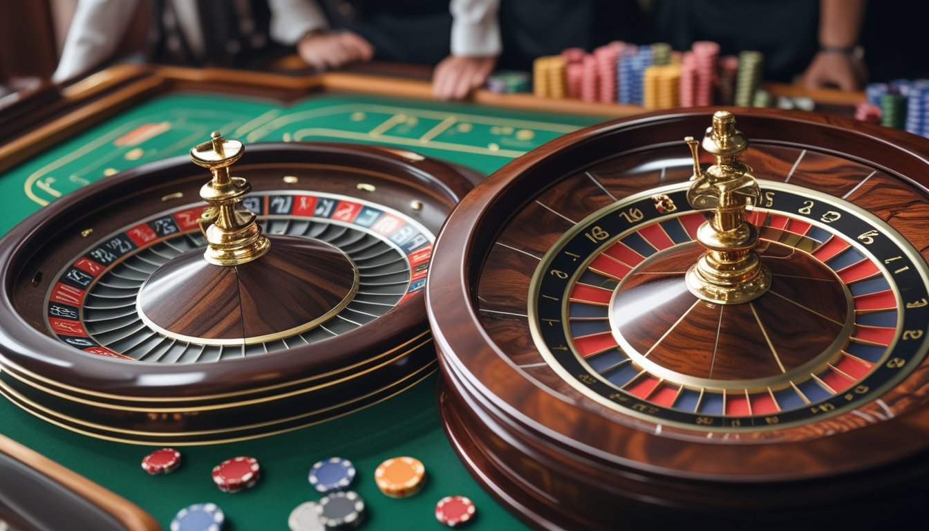 Dua roda roulette berdampingan di atas meja kasino, satu dengan satu angka nol dan satu lagi dengan nol tunggal dan nol ganda.