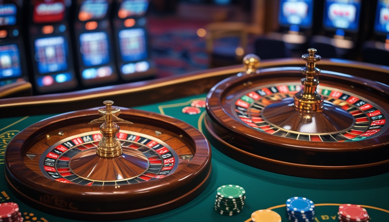 Pandangan dekat meja roulette dengan roda roulette Eropa dan Amerika berdampingan di kasino.