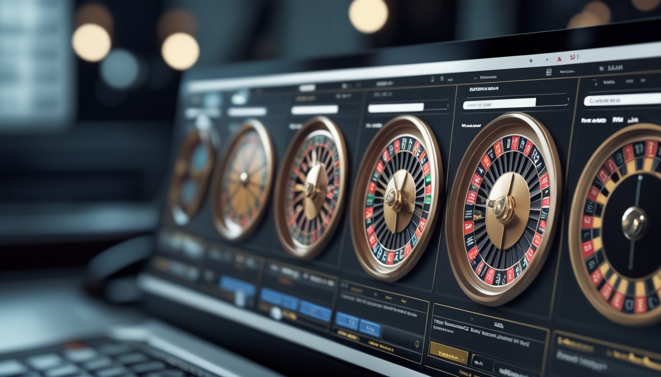 Tampilan layar komputer dengan tujuh meja roulette online yang sedang berjalan, menampilkan bola roulette yang berputar dan tata letak taruhan yang jelas.
