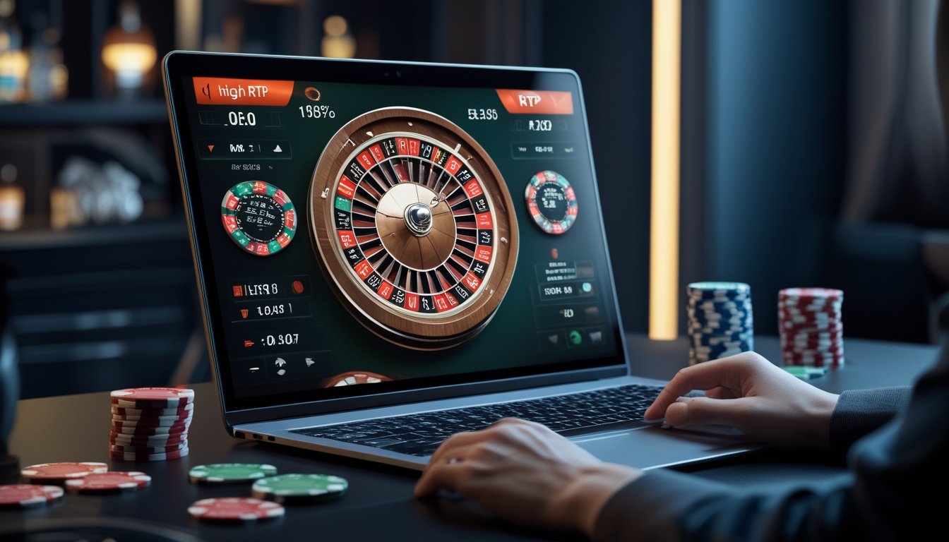 Sebuah layar komputer menampilkan roda roulette online yang berputar dengan latar ruangan bergaya kasino dan perlengkapan permainan di meja.