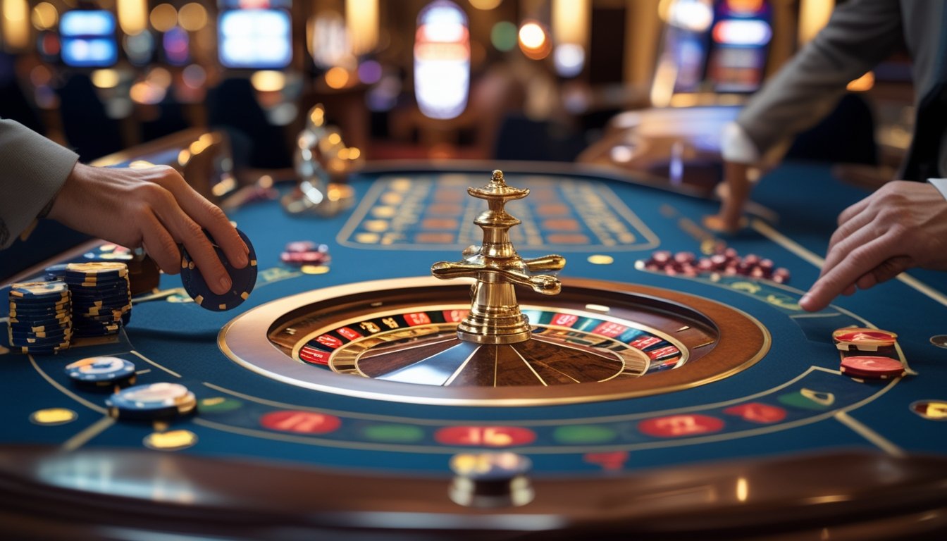 Meja roulette di kasino dengan pemain yang sedang memasang taruhan, suasana mewah dan pencahayaan hangat.