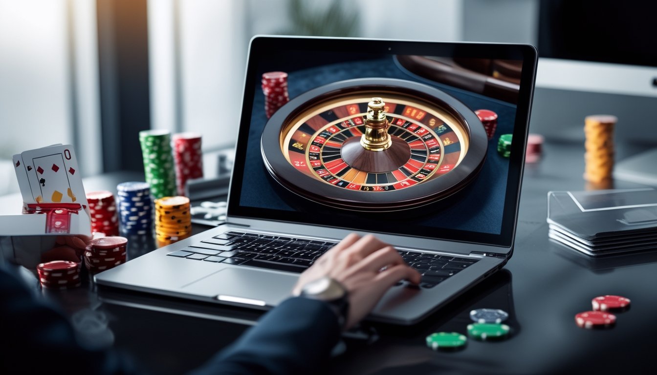 Seseorang bermain roulette online di depan layar komputer dengan roda roulette digital dan chip kasino di sekitarnya.
