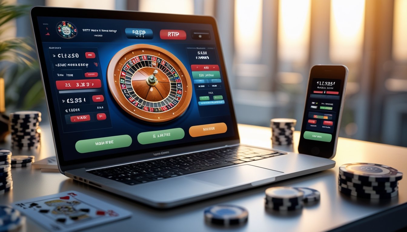 Sebuah laptop menampilkan permainan roulette online dengan roda roulette dan angka yang menonjol, dikelilingi oleh chip poker dan kartu remi di atas meja.