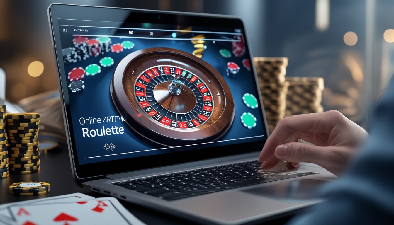 Seseorang menggunakan komputer dengan tampilan roda roulette digital yang berwarna-warni, siap memasang taruhan dalam permainan roulette online.