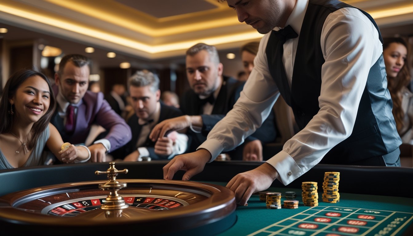 Seorang dealer dan beberapa pemain sedang bermain roulette langsung di meja kasino dengan suasana elegan dan pencahayaan hangat.