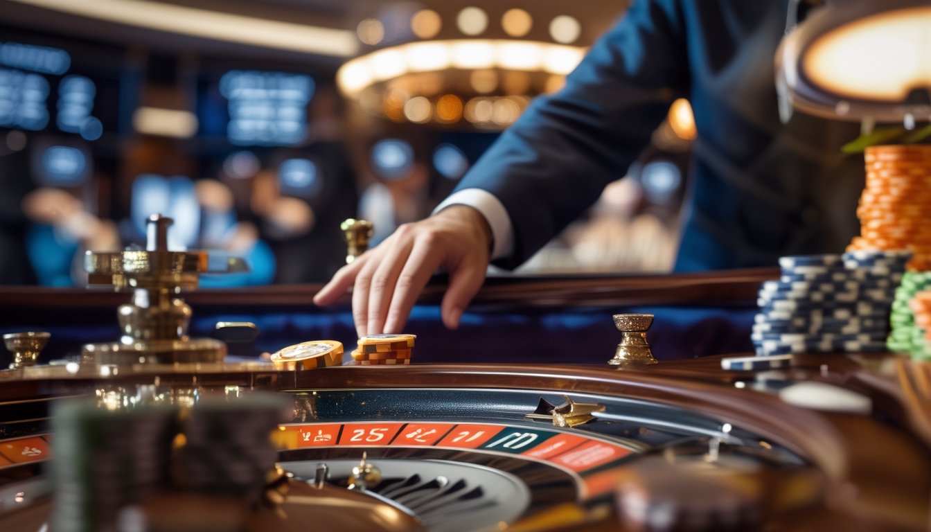 Meja roulette langsung di kasino dengan roda roulette berputar dan tumpukan chip taruhan, suasana fokus dan profesional.