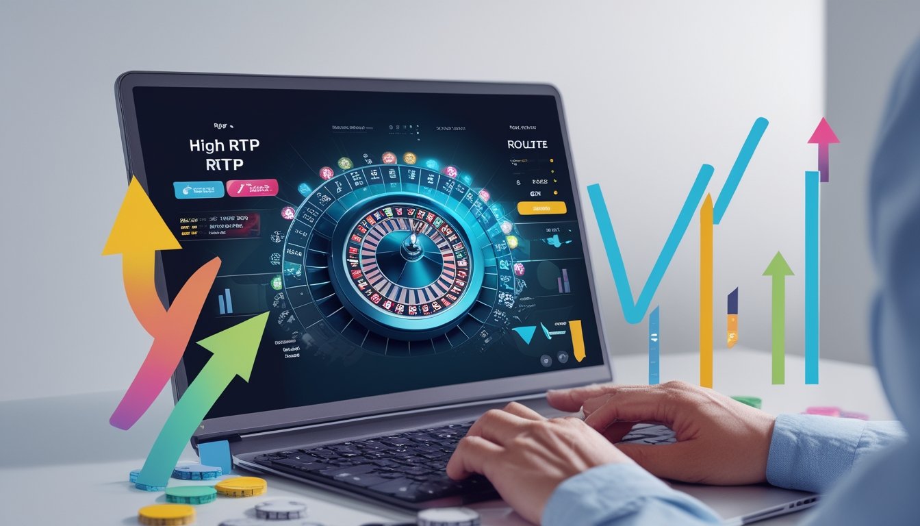 Sebuah komputer dengan roda roulette digital dan grafik yang menunjukkan analisis keuntungan jangka panjang dalam permainan roulette online.