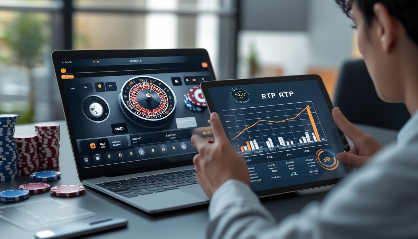 Seorang pria sedang menganalisis data RTP roulette online di depan laptop dan tablet di ruang kerja modern.