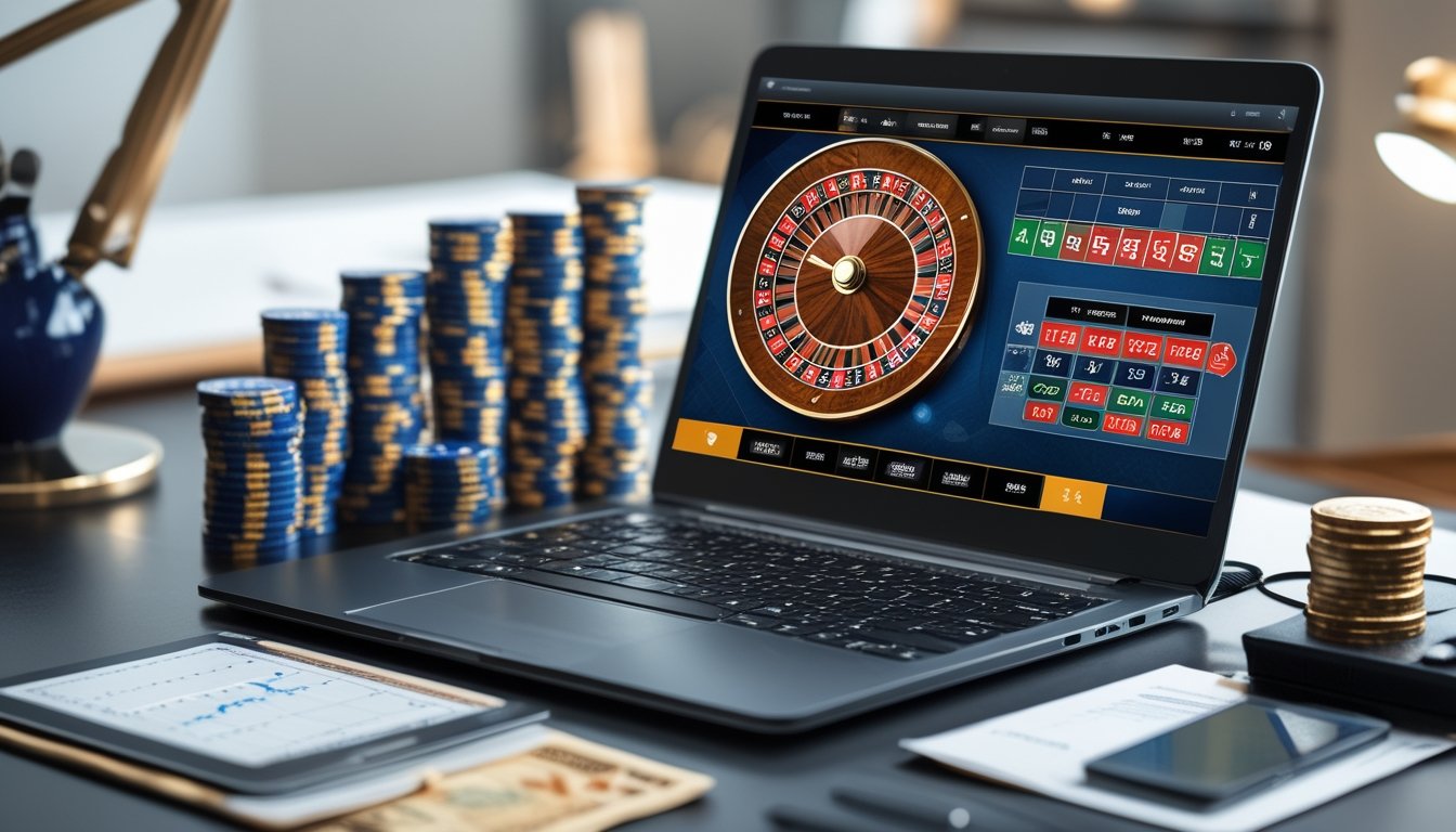 Seorang pemain sedang menggunakan komputer dengan permainan roulette online di layar, dikelilingi oleh chip poker dan alat bantu keuangan di meja.