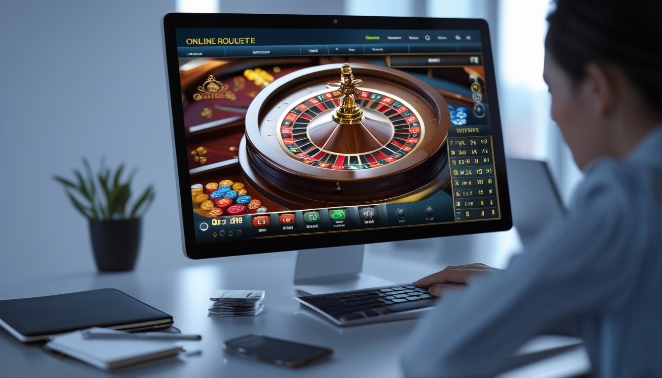 Seorang pemain sedang bermain roulette online di depan komputer dengan tampilan roda roulette dan chip taruhan di layar.