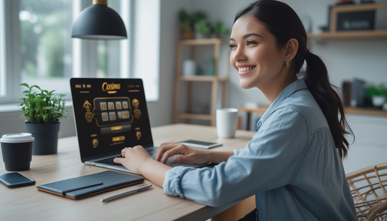 Seorang wanita muda duduk di meja rumah sambil bermain permainan kasino online di laptop dengan suasana yang nyaman dan cerah.