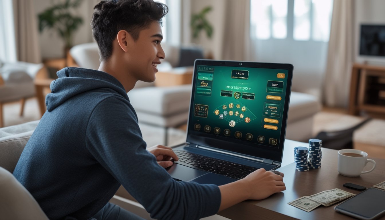 Seorang pemuda bermain kasino langsung online di laptop di ruang tamu yang nyaman dengan tumpukan chip dan uang di dekatnya.