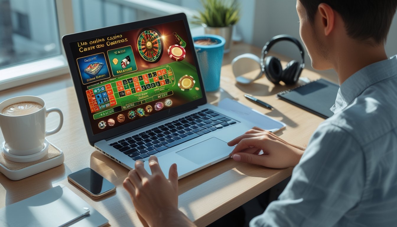 Seorang pemula duduk di meja rumah dengan laptop yang menampilkan permainan kasino langsung online, terlihat fokus dan santai.