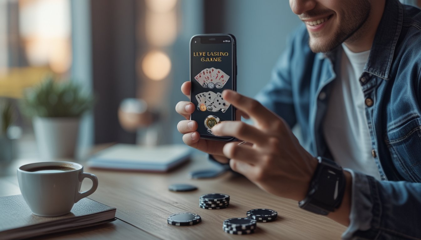 Seseorang menggunakan smartphone untuk bermain live casino online di dalam ruangan yang nyaman.