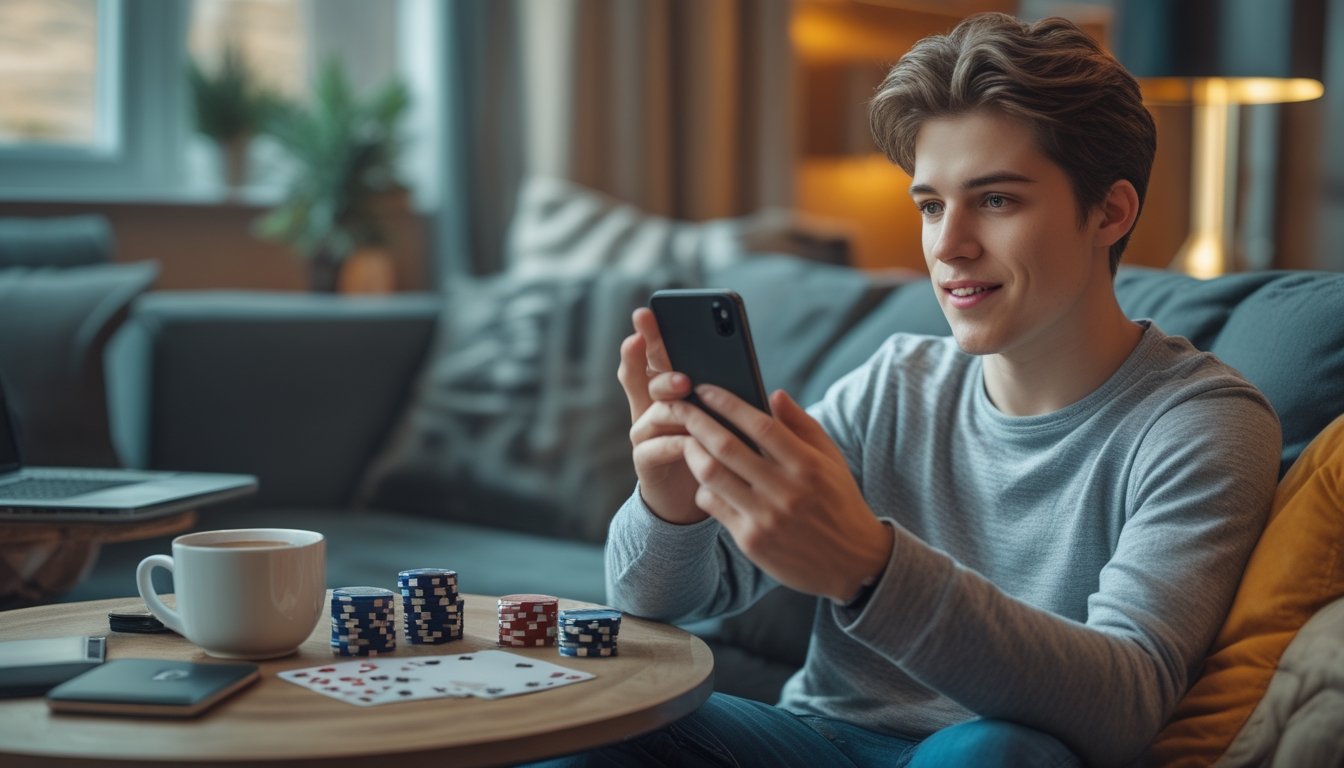Seorang dewasa muda sedang duduk di sofa memegang smartphone dengan ekspresi fokus dan antusias, di meja dekatnya terdapat chip poker dan kartu remi.