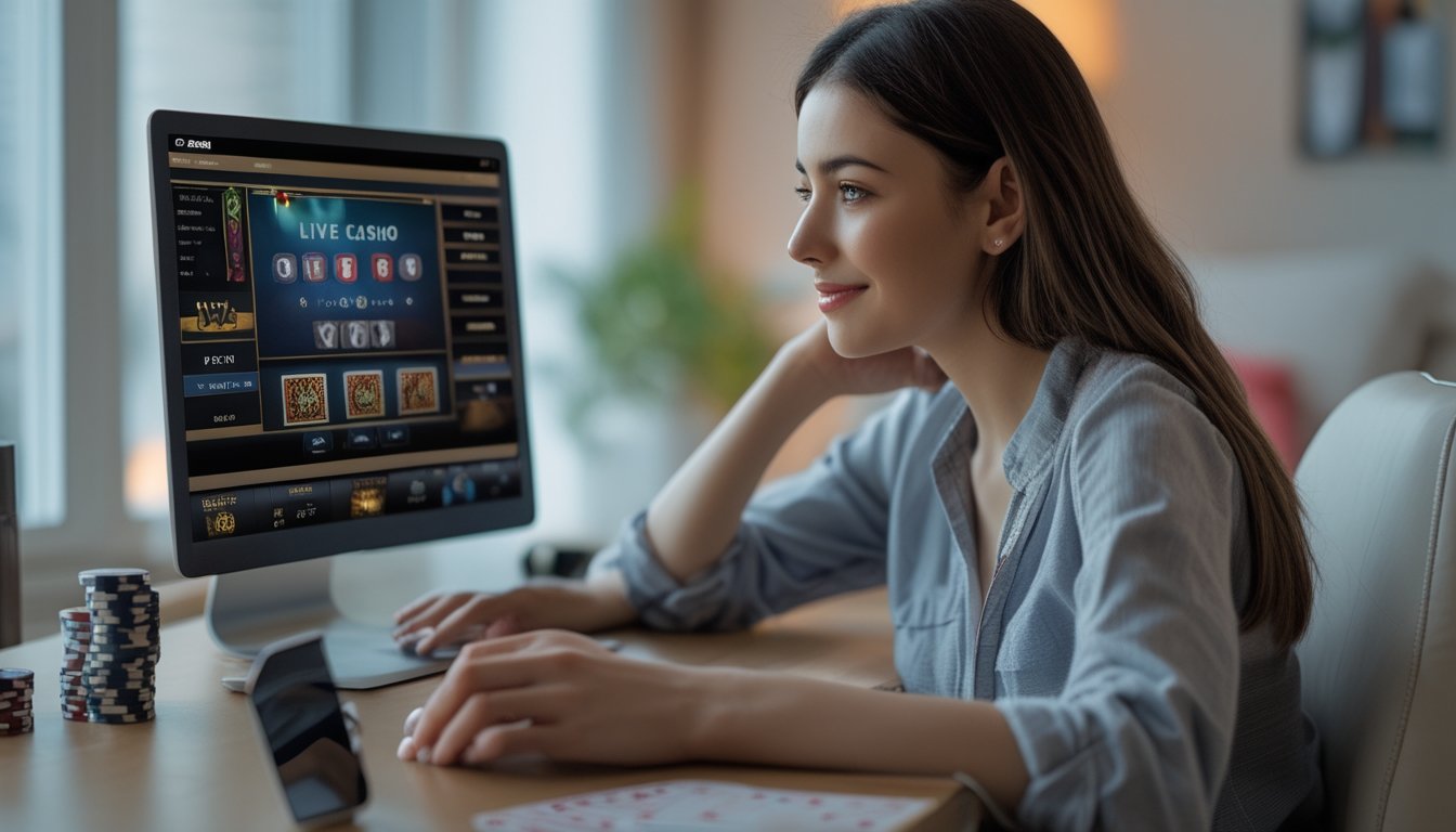 Seorang wanita muda duduk di meja dengan laptop, bermain permainan kasino langsung online dengan kartu dan chip di sekitarnya.