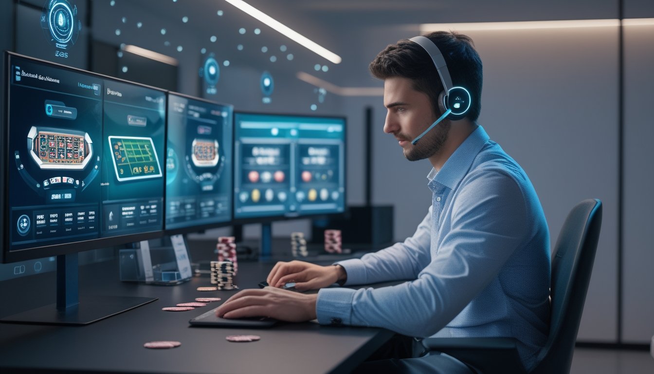 Seorang pemain pemula sedang bermain live casino online di depan beberapa layar komputer dengan suasana ruangan yang modern dan nyaman.