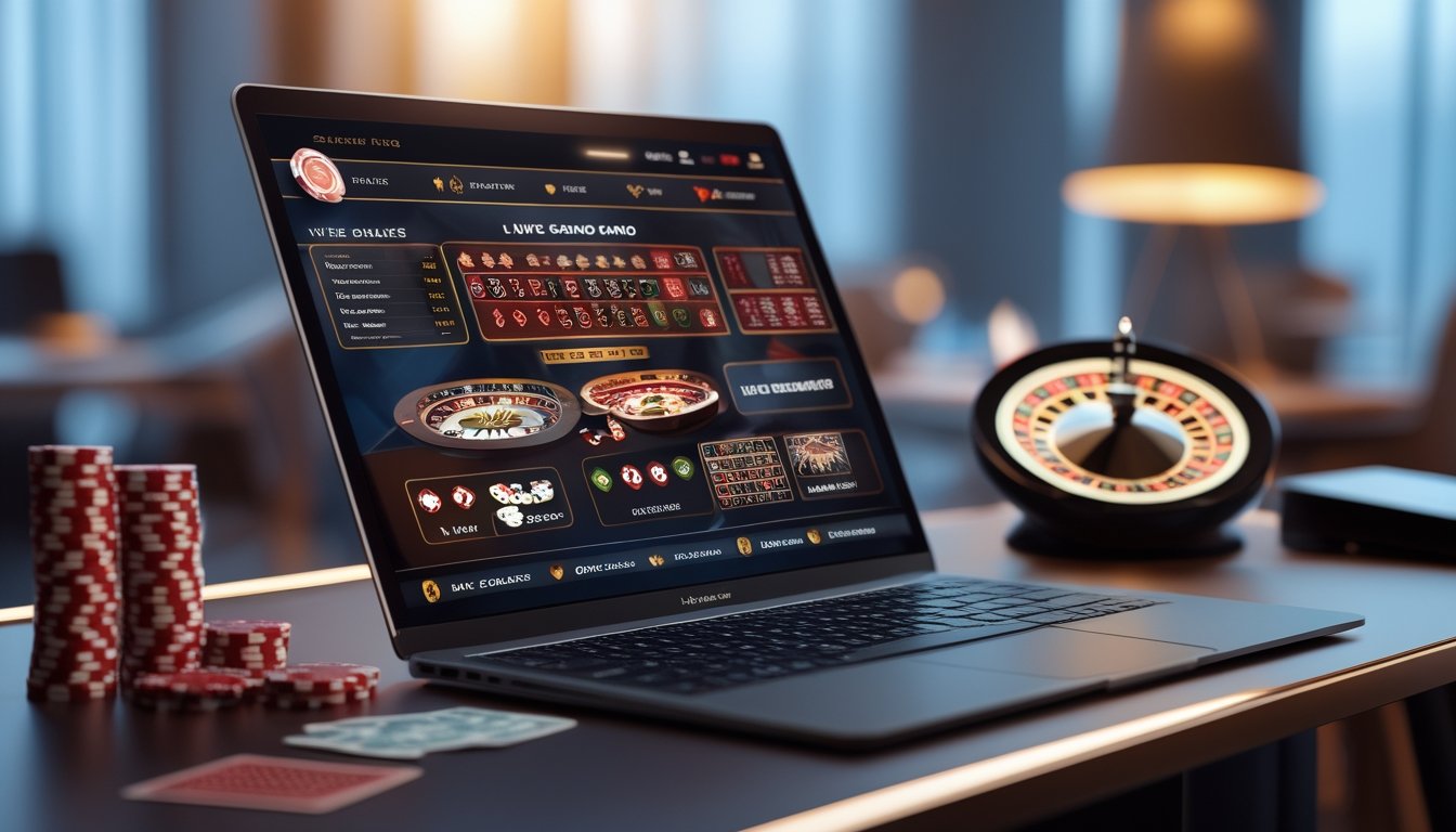 Seorang pengguna sedang melihat layar komputer dengan permainan kasino langsung Baccarat, Roulette, dan Blackjack yang ditampilkan, dengan chip dan kartu di meja.