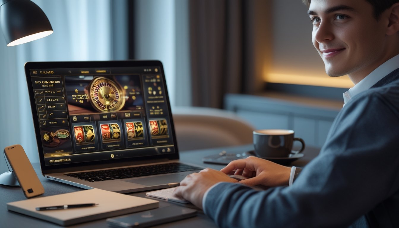 Seorang dewasa muda yang percaya diri bermain kasino langsung online di rumah dengan laptop di meja dan suasana ruangan yang nyaman.