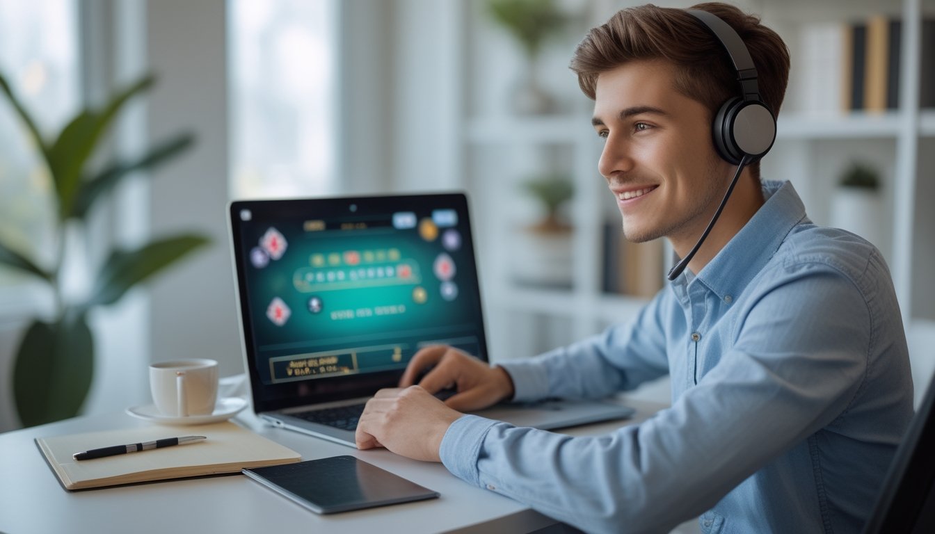 Seorang dewasa muda duduk di meja dengan laptop, tampak percaya diri bermain permainan kasino langsung secara online di ruang kerja yang terang dan rapi.