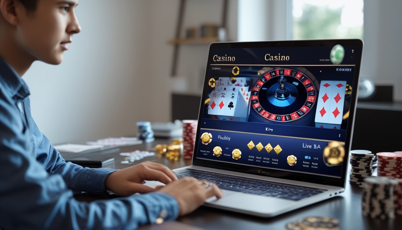 Seorang pemula sedang belajar bermain live casino online di depan laptop di ruang kerja yang rapi.