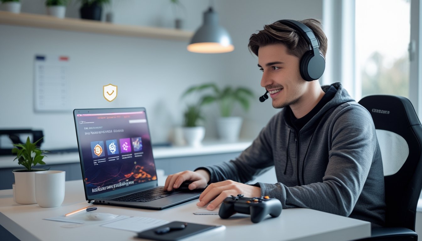 Seorang pemula sedang menggunakan laptop di meja yang rapi dengan suasana nyaman dan elemen yang menunjukkan keamanan dan kepercayaan dalam memilih platform game online.