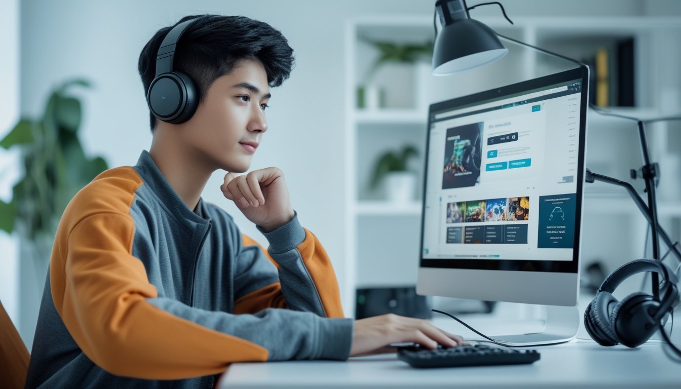 Seorang dewasa muda duduk di meja dengan laptop terbuka menampilkan platform game, terlihat fokus dan tenang dalam memilih platform game online yang aman.